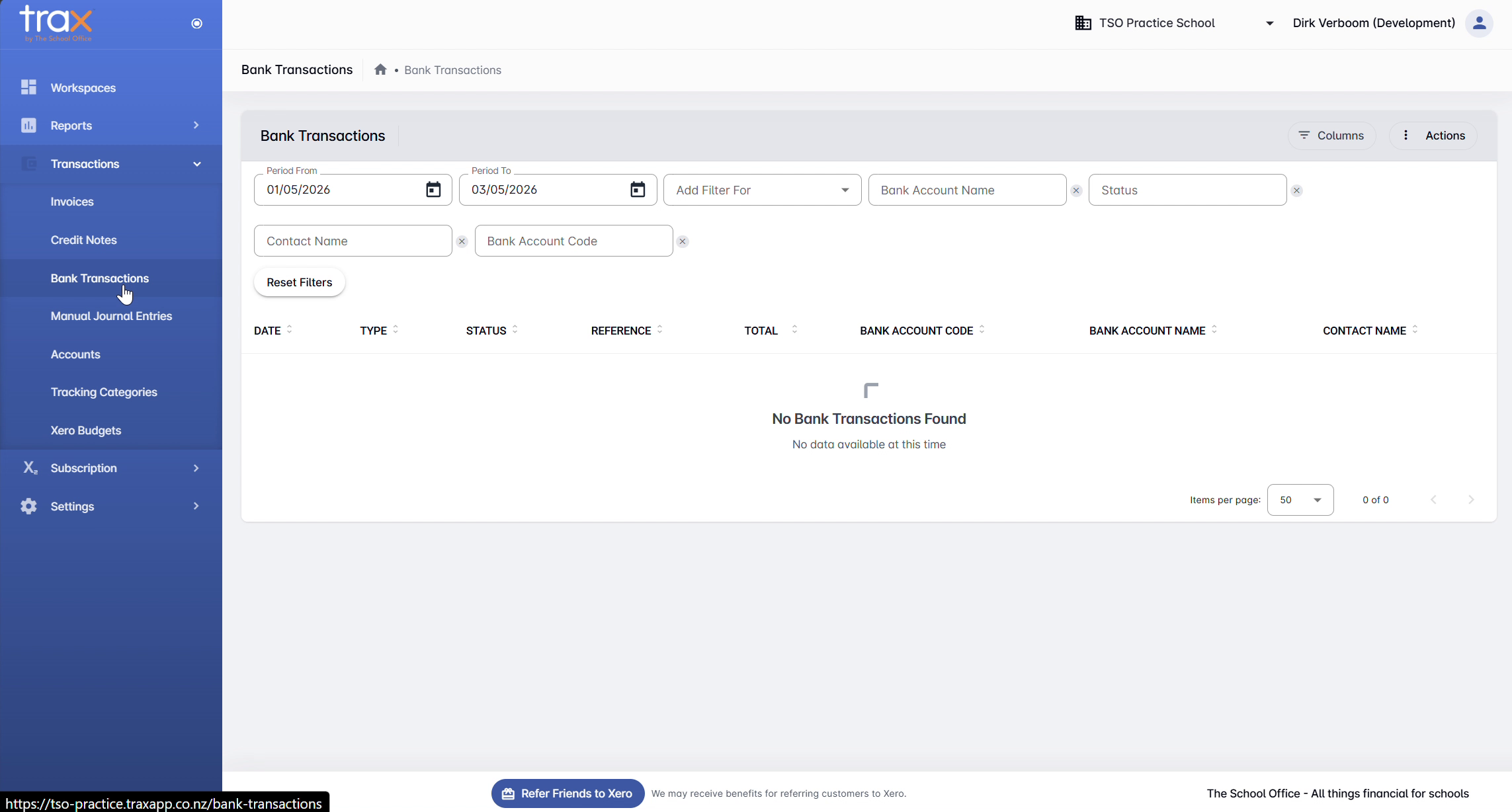 Bank Transactions page in list state with filters applied