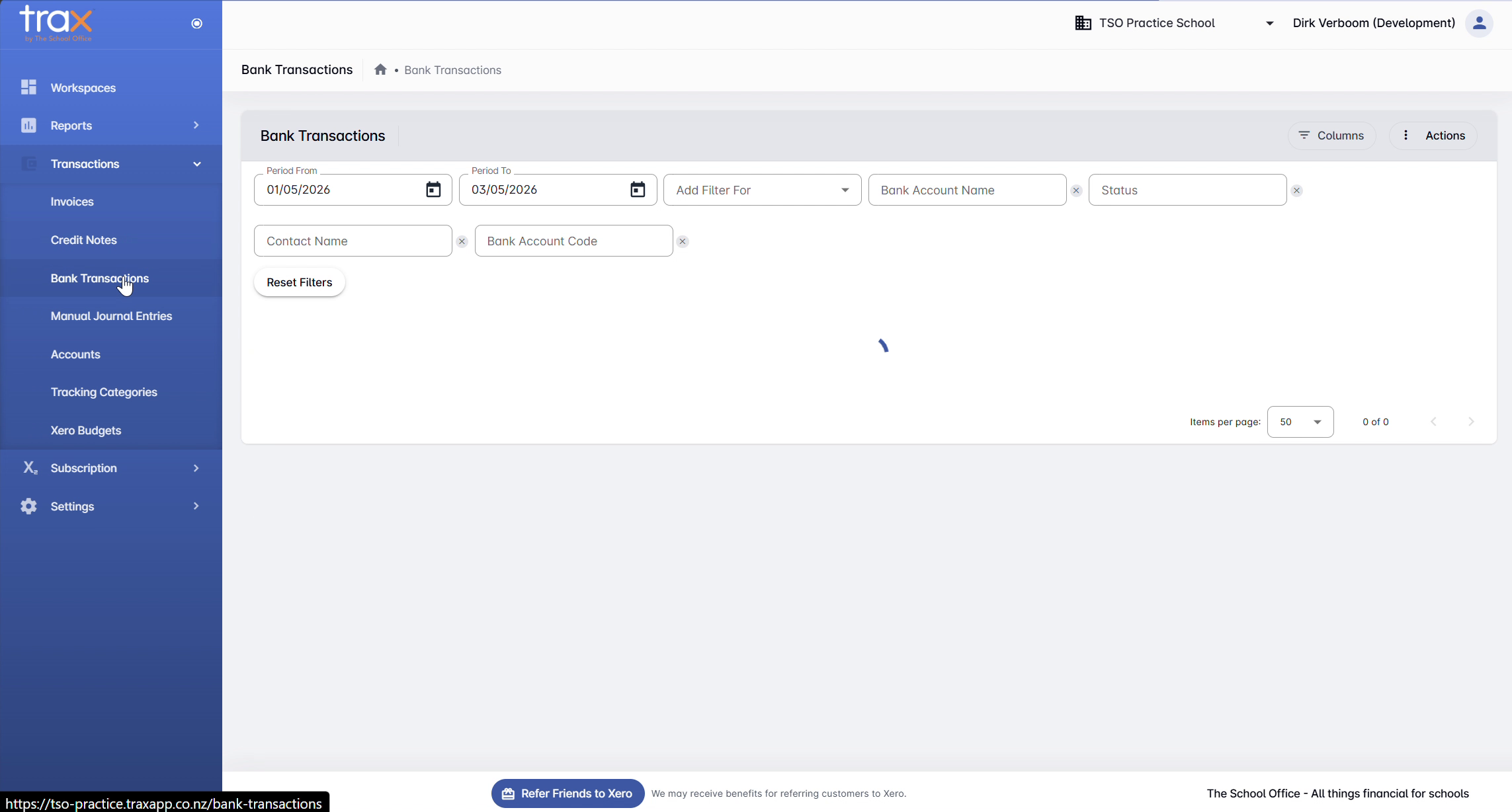 TRAX Bank Transactions page with filters and empty table