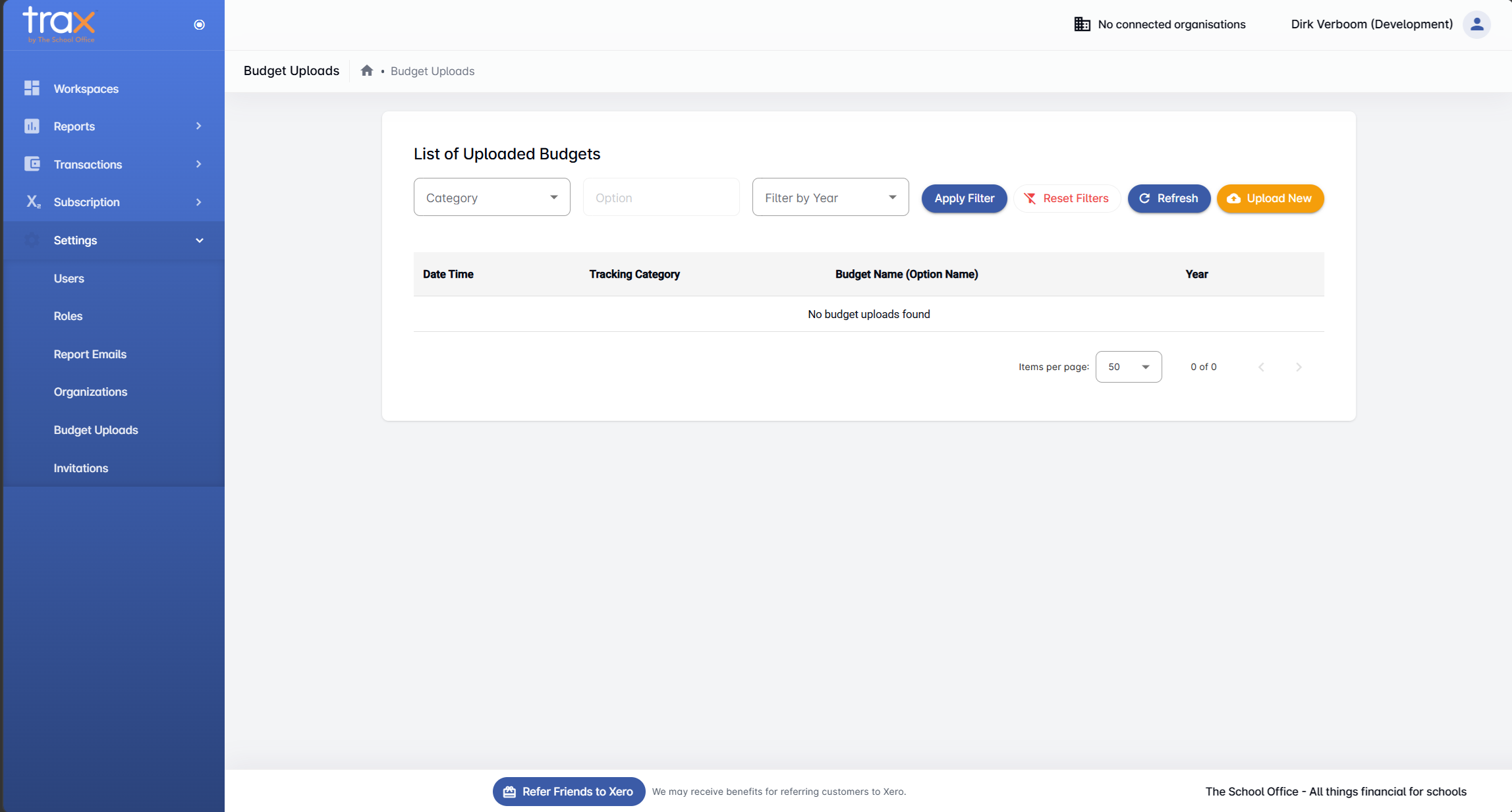 TRAX Budget Uploads page showing filter controls and uploaded budgets list
