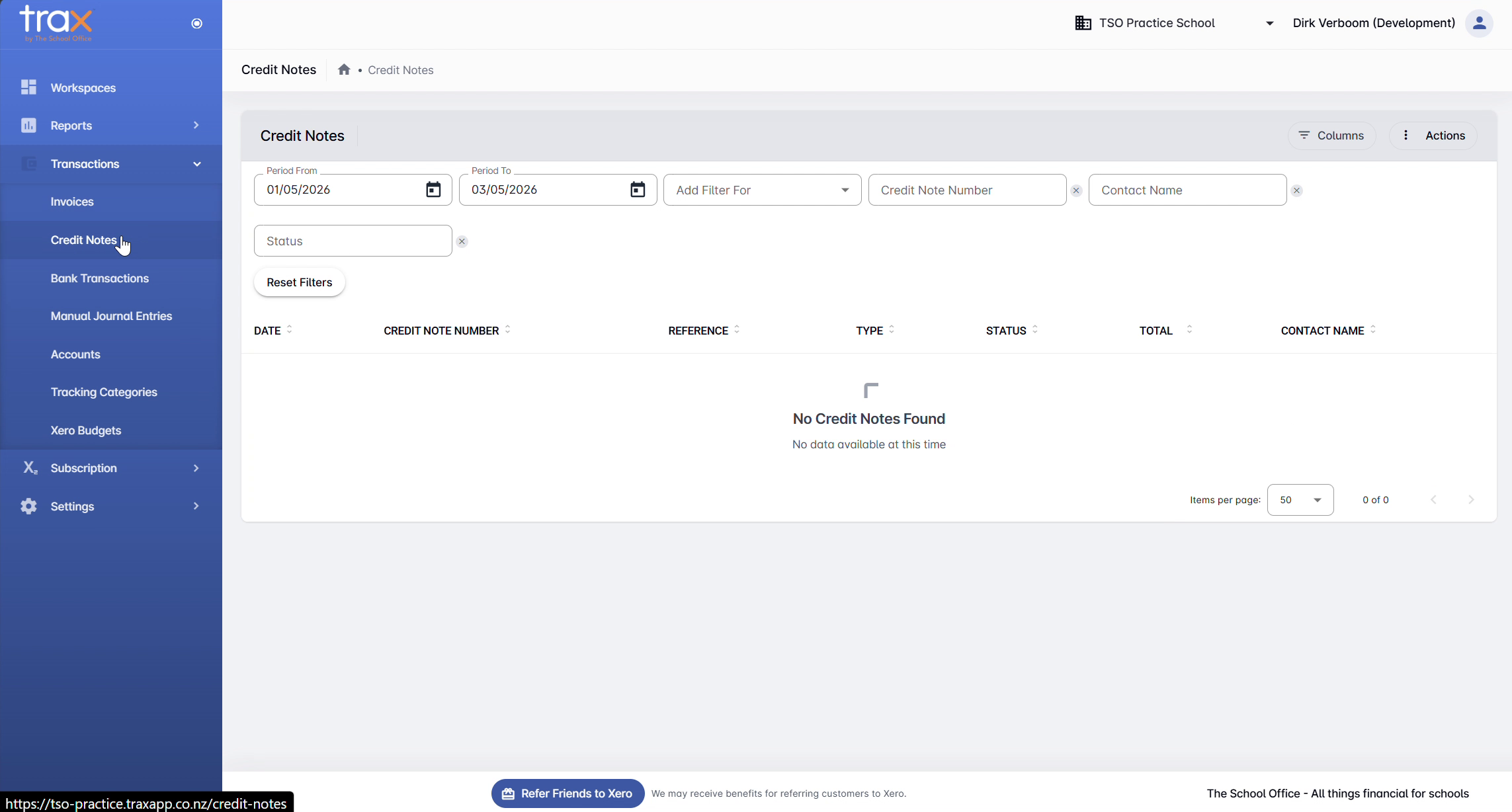 TRAX Credit Notes page with filters and empty table