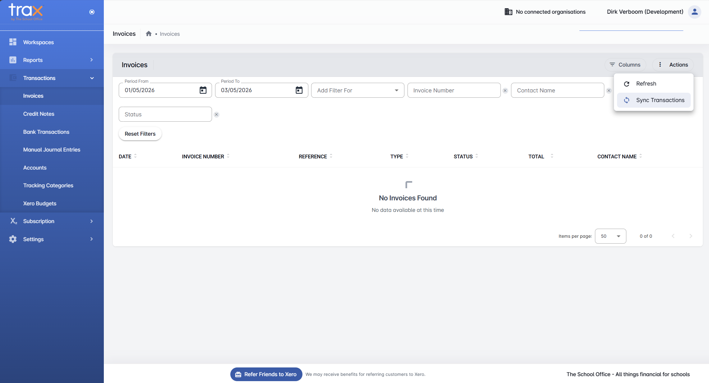 Invoices page with Actions menu open showing Refresh, Sync Transactions, and Reset Filters