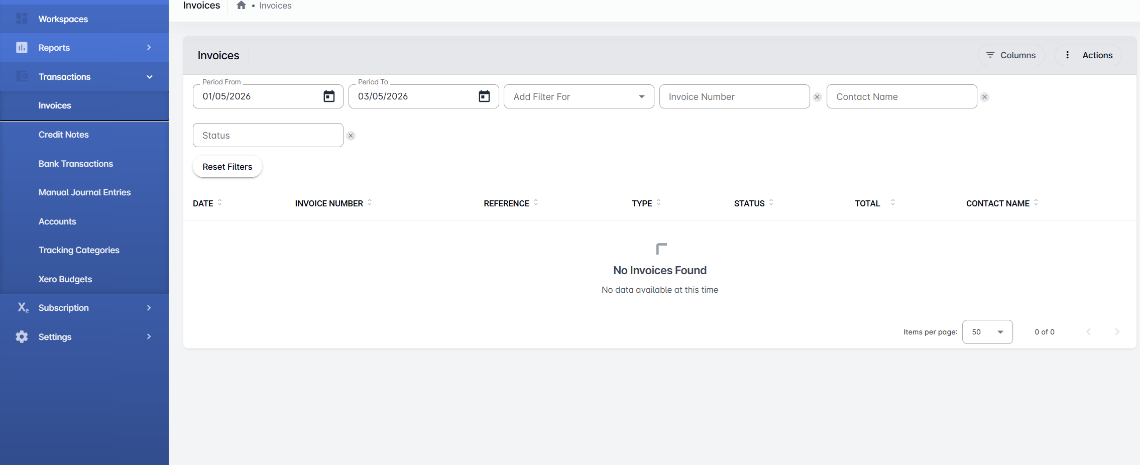 TRAX Invoices page showing filters, columns, and empty table state