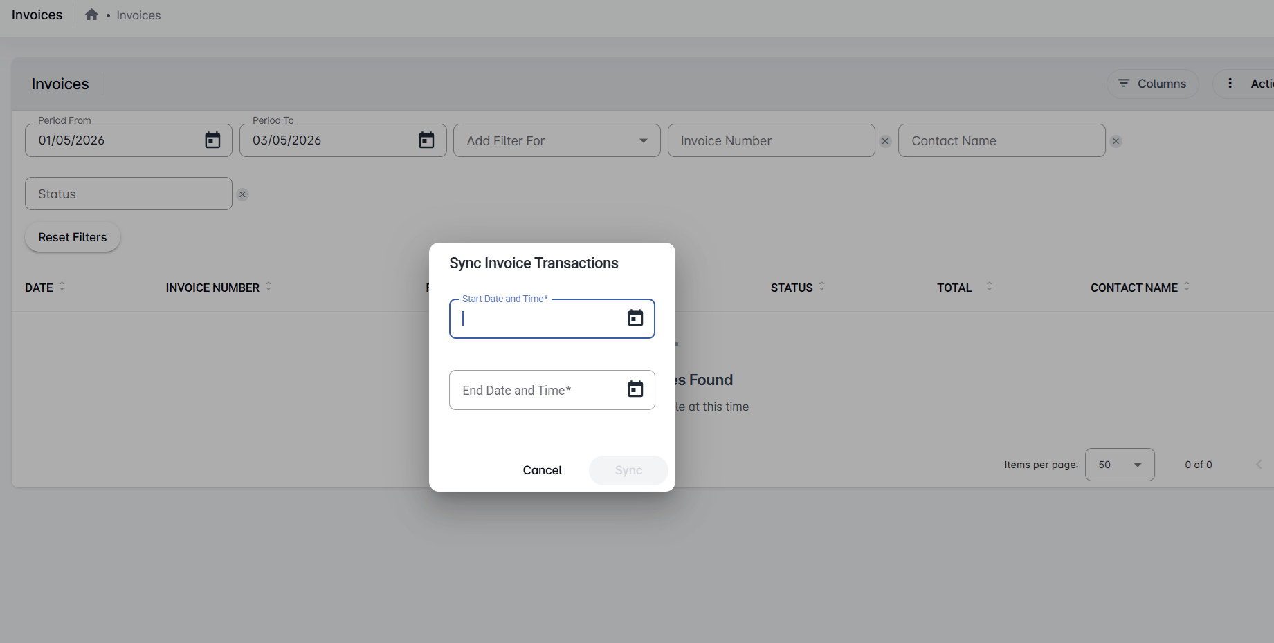 Sync Invoice Transactions dialog with empty Start Date and End Date fields