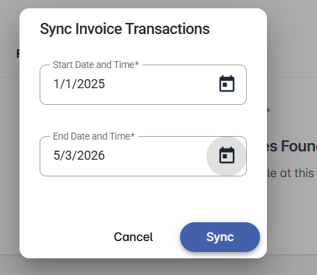 Sync Invoice Transactions dialog with dates filled in and Sync button active