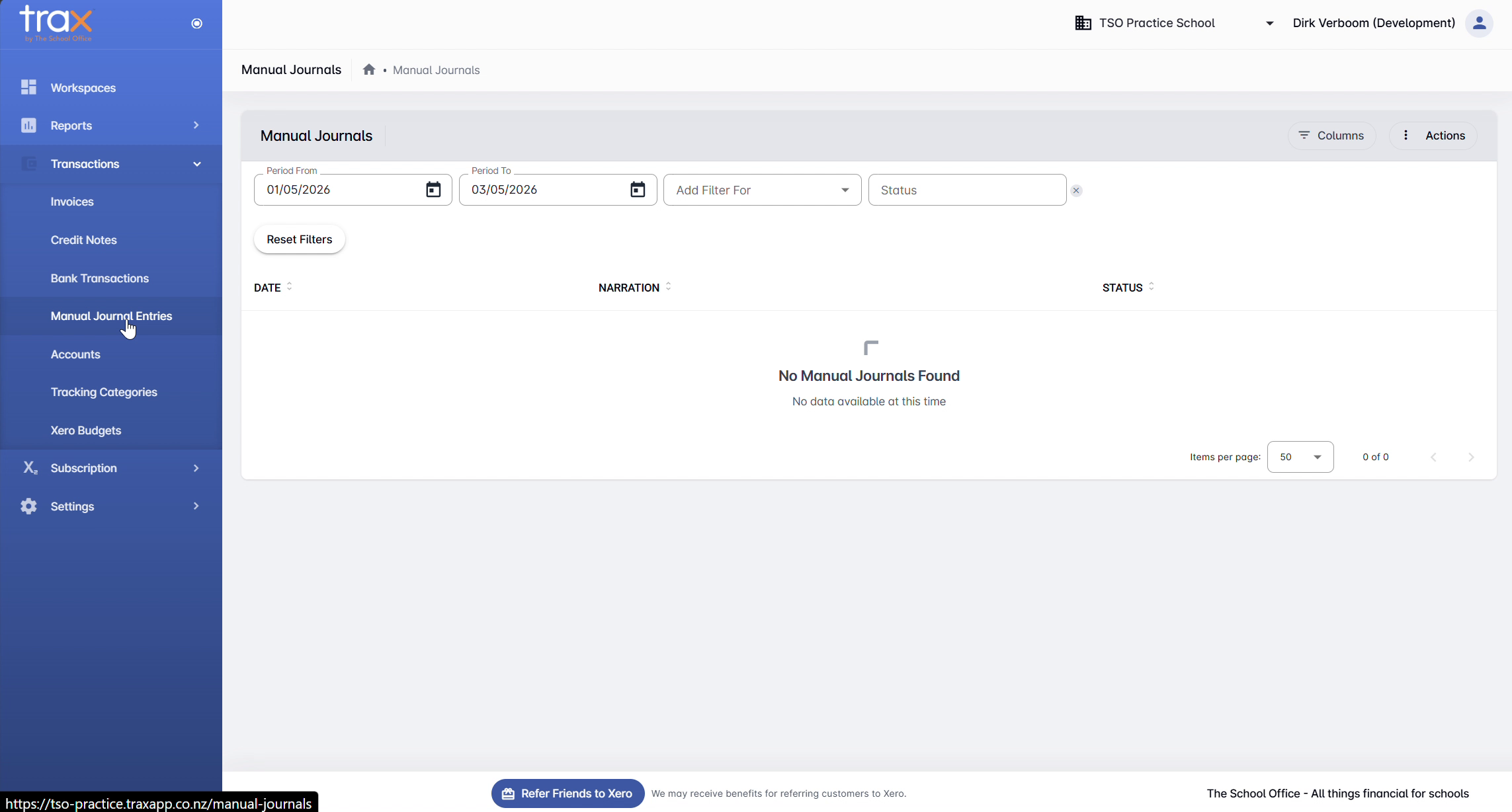 TRAX Manual Journals page with filters and Date/Narration/Status columns