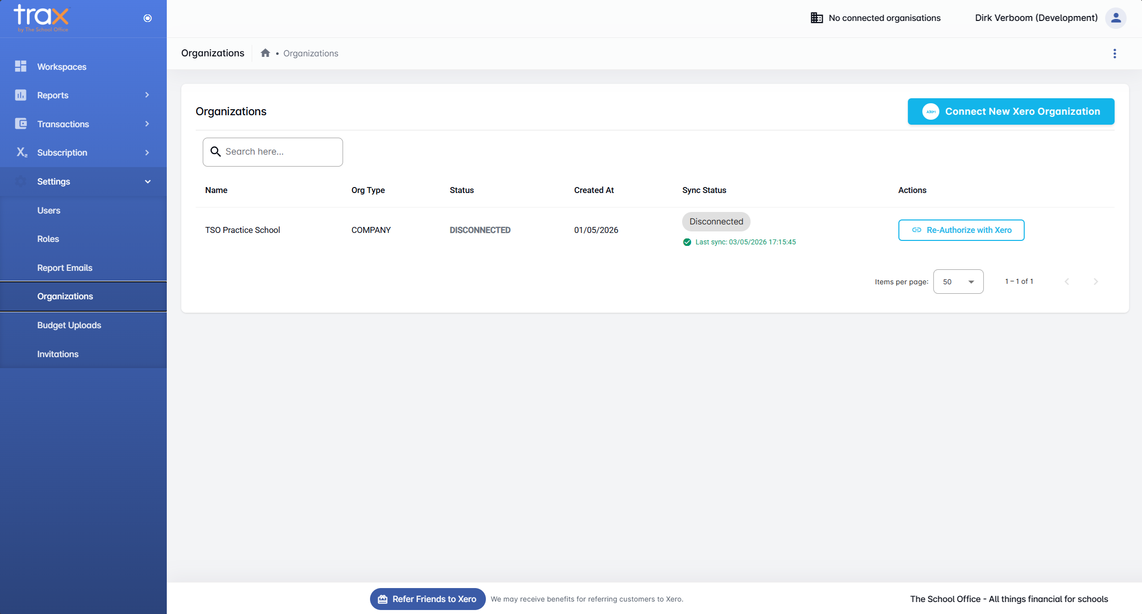 TRAX Organisations page showing connected Xero organisations and Re-Authorize button
