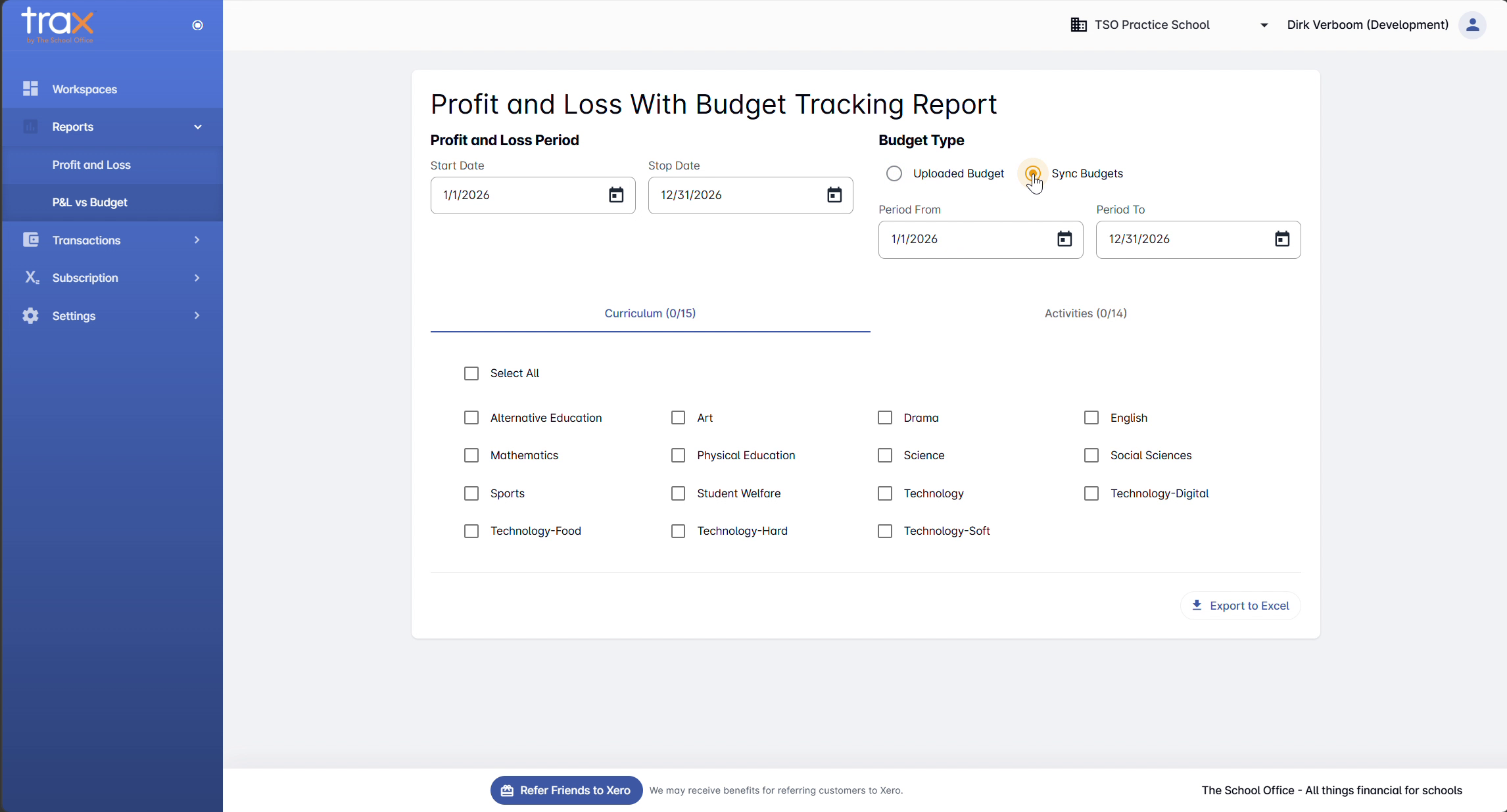 Budget Tracking page with Sync Budgets radio selected for budget source
