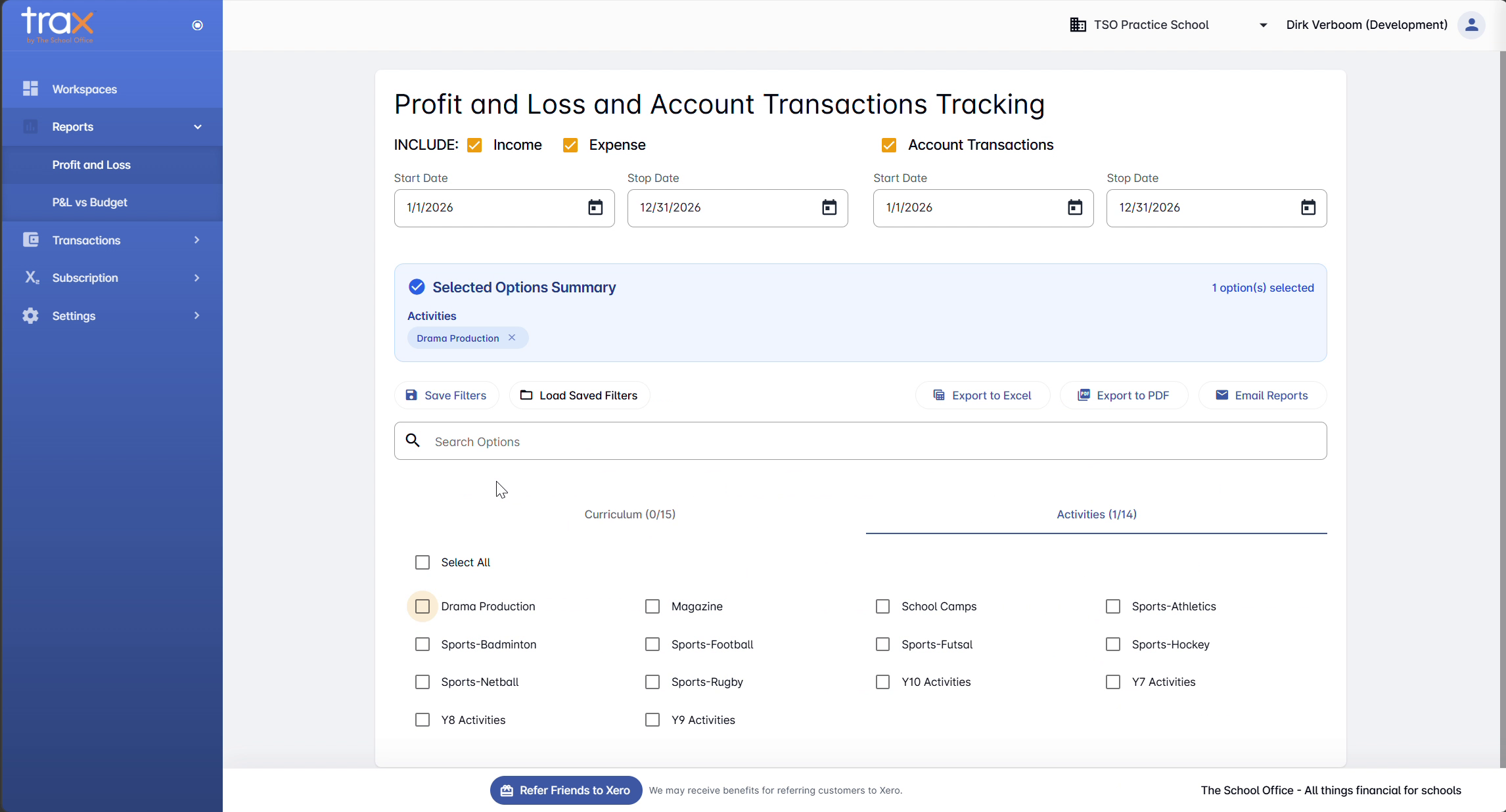 Activities tracking category tab expanded showing all options with one selected