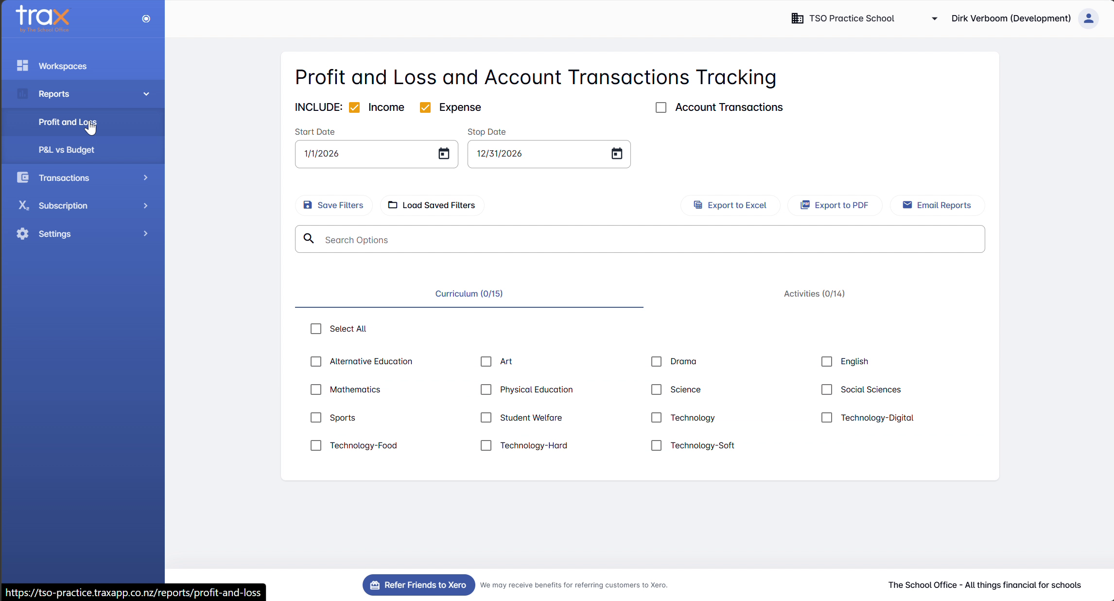 Profit and Loss page showing INCLUDE toggles, date fields, and tracking category filter tabs