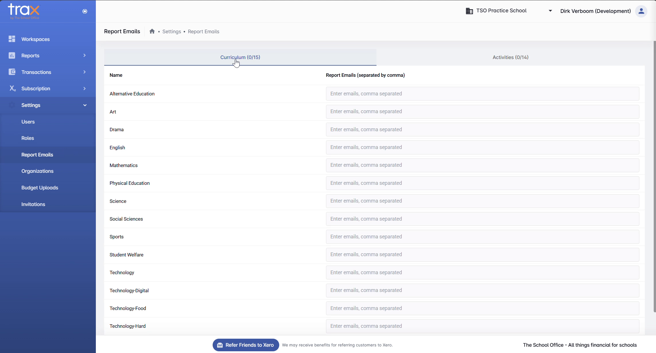 Report Emails page with Curriculum tab selected and tracking category email fields