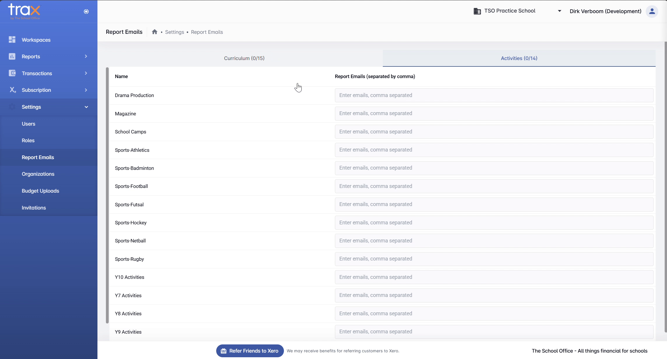 Report Emails page list state
