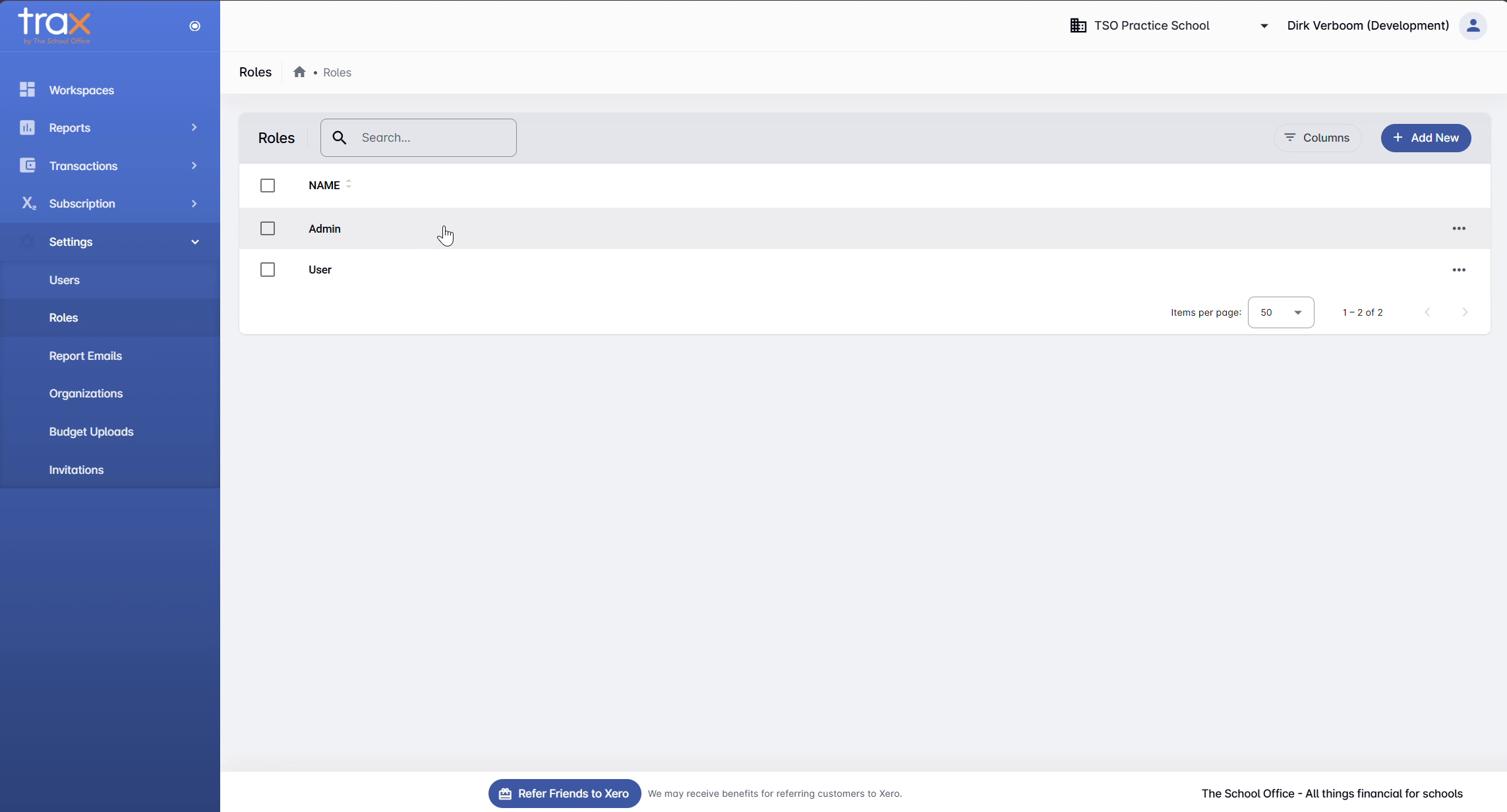 TRAX Roles page showing Admin and User default roles