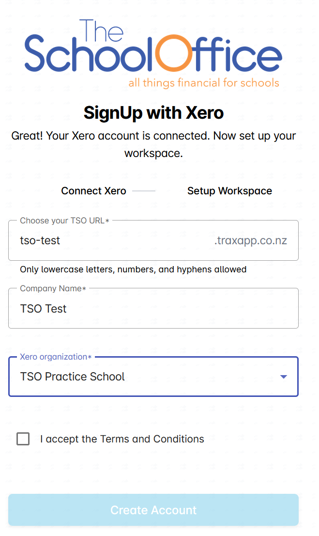 TRAX Setup Workspace form with TSO URL, Company Name, and Xero organization fields