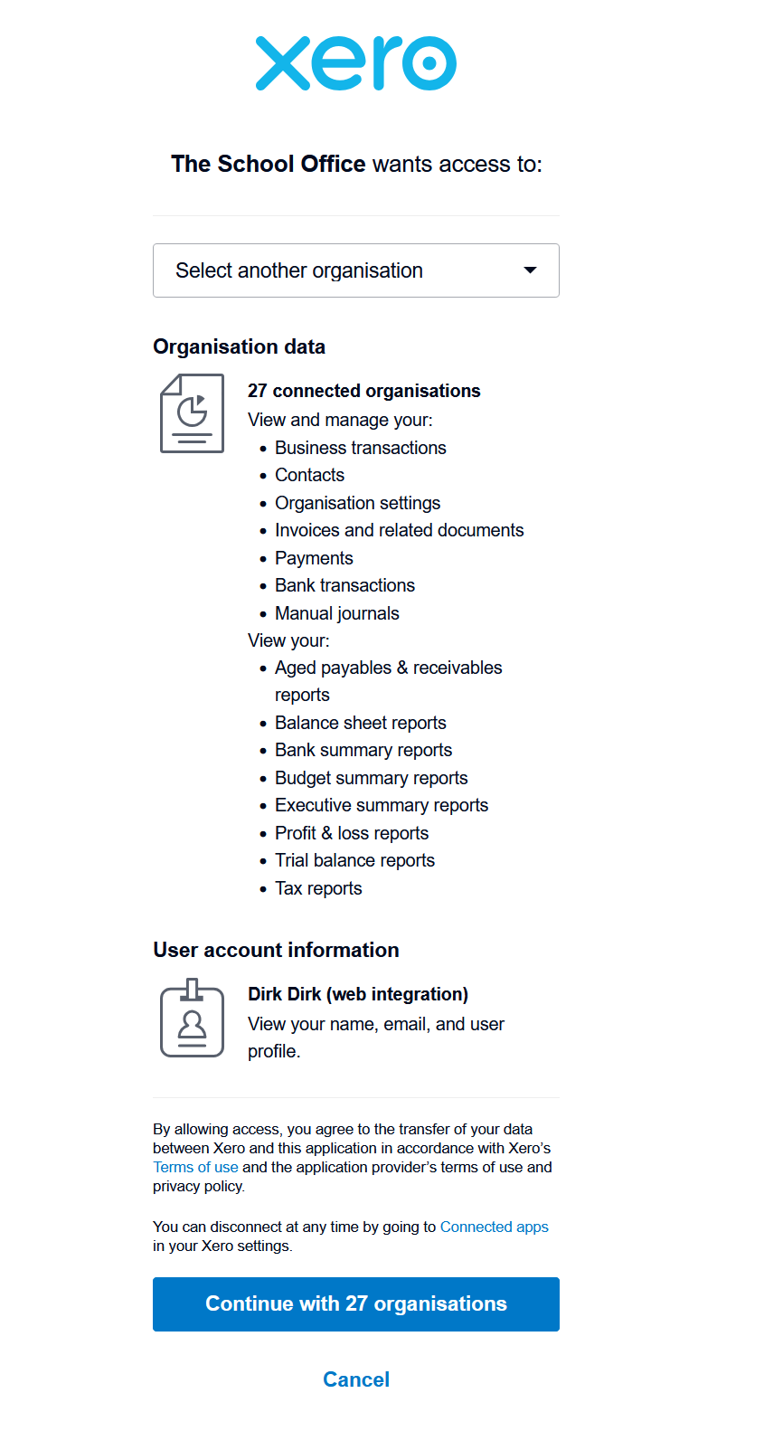 Xero authorisation screen showing the permissions The School Office requests