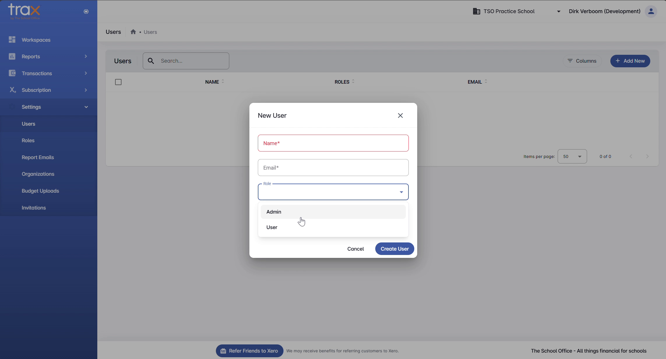 New User dialog with Name, Email, and Role fields