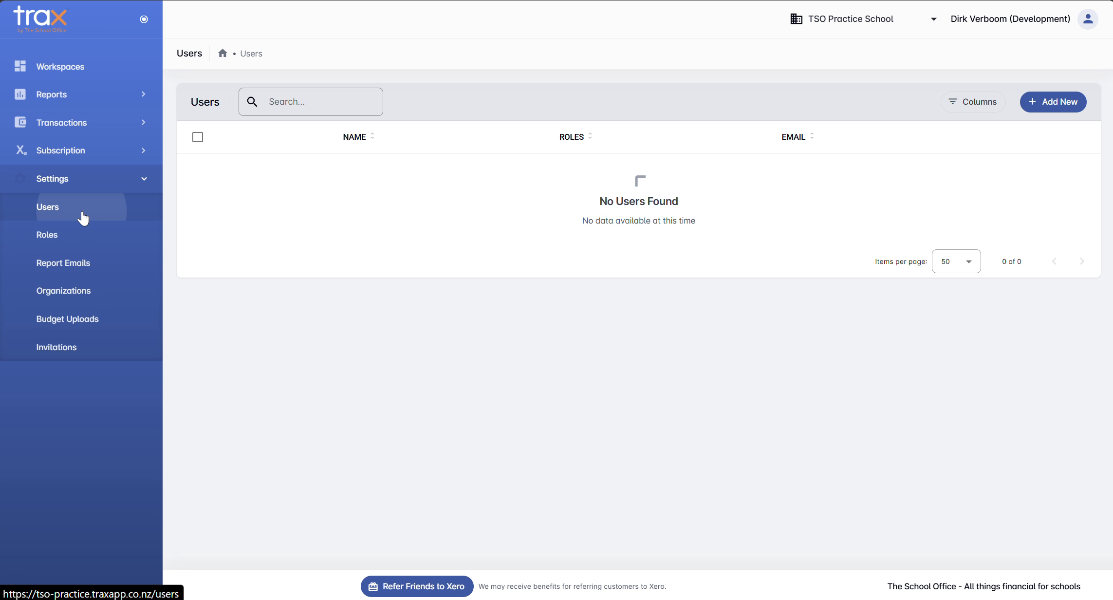 TRAX Users page with Search, Columns, and Add New button