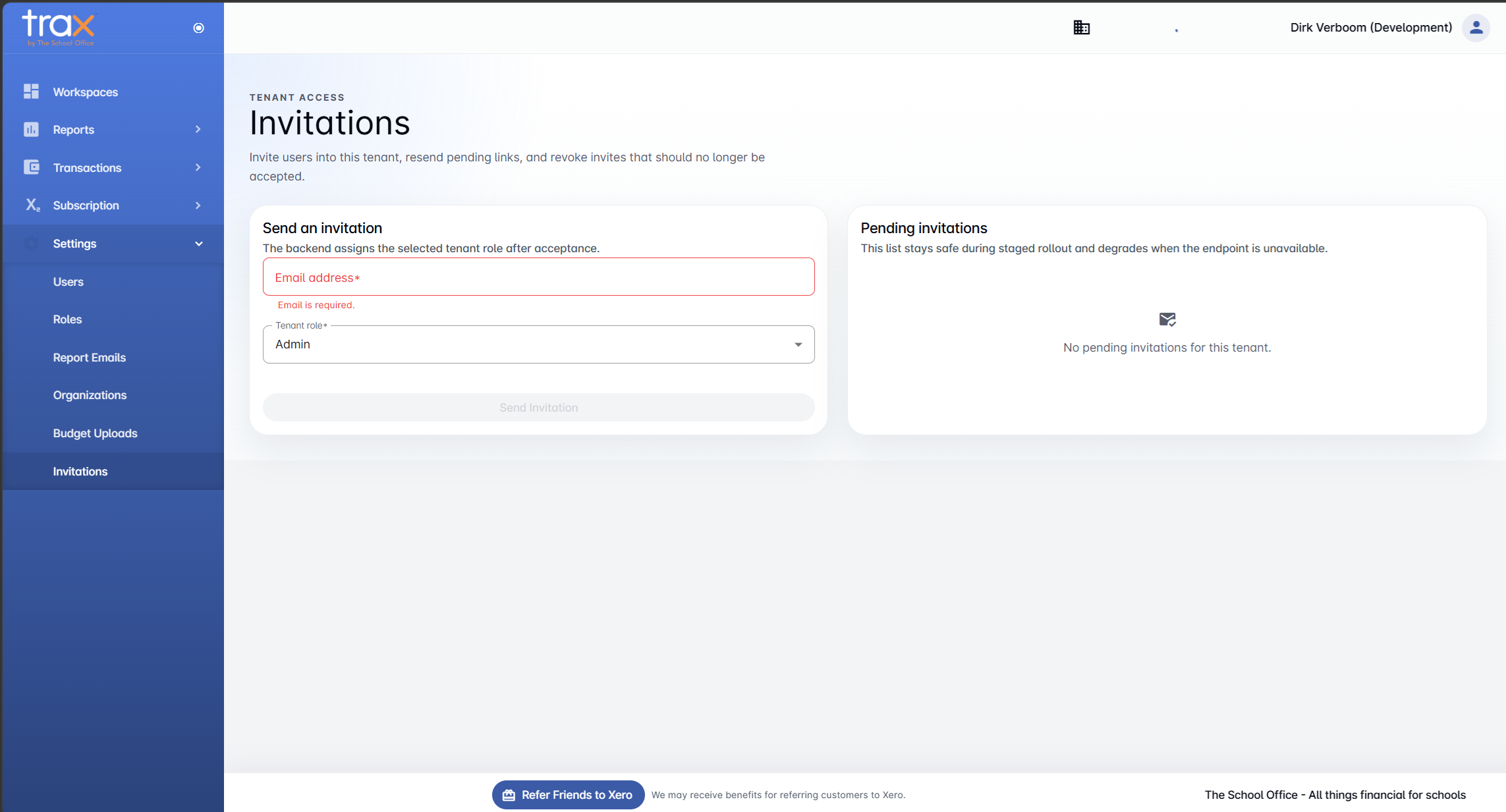TRAX Settings Invitations page with Send an invitation and Pending invitations panels
