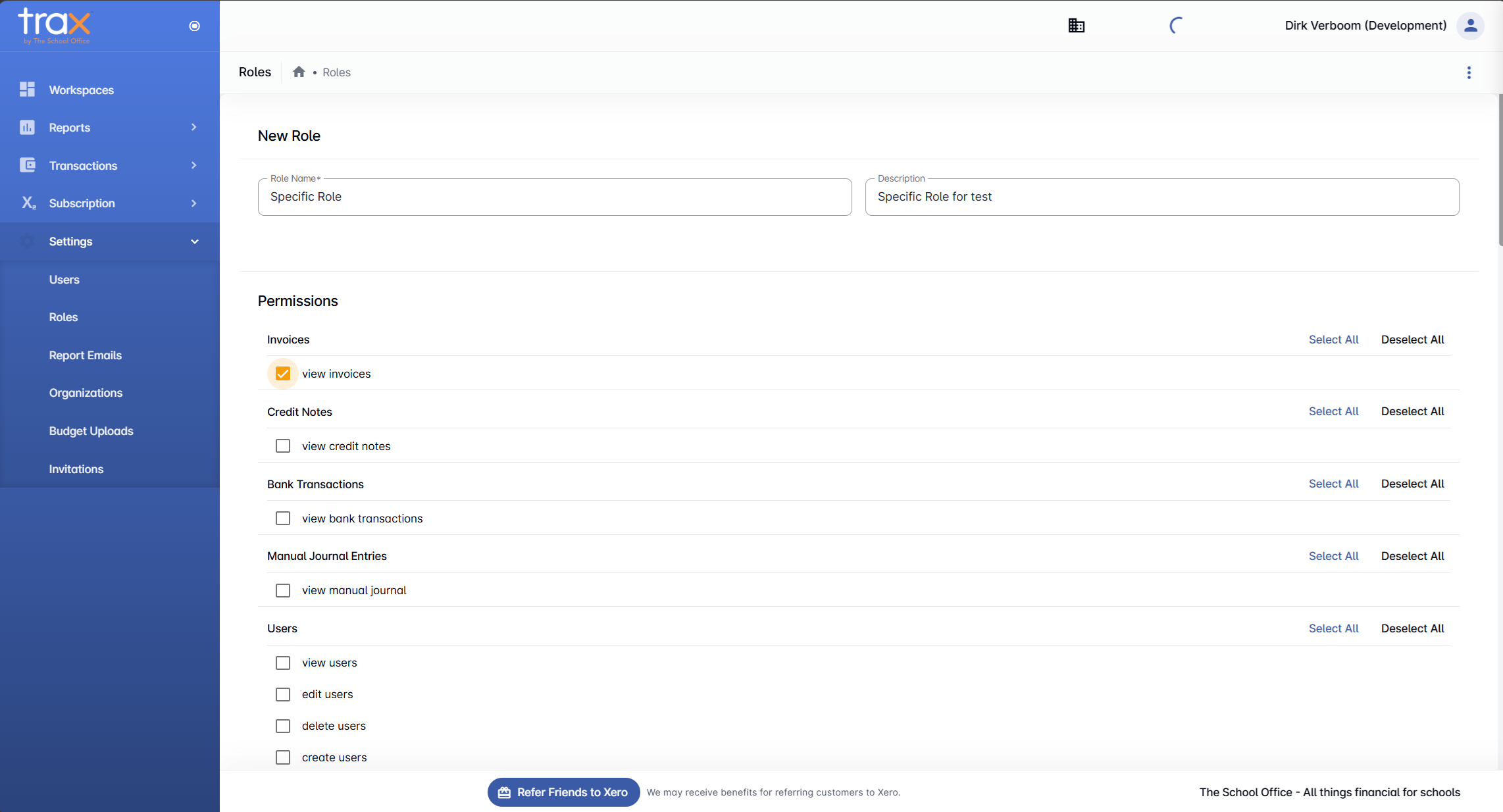 New Role form with Role Name and Description fields plus permissions categories