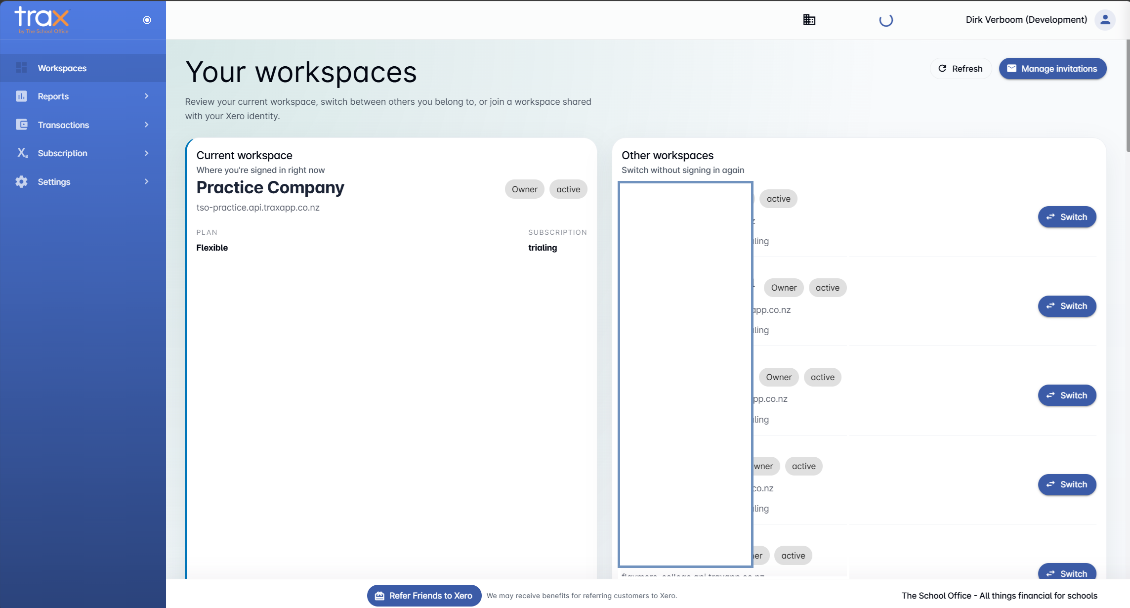TRAX Your workspaces page showing current workspace and other workspaces panels