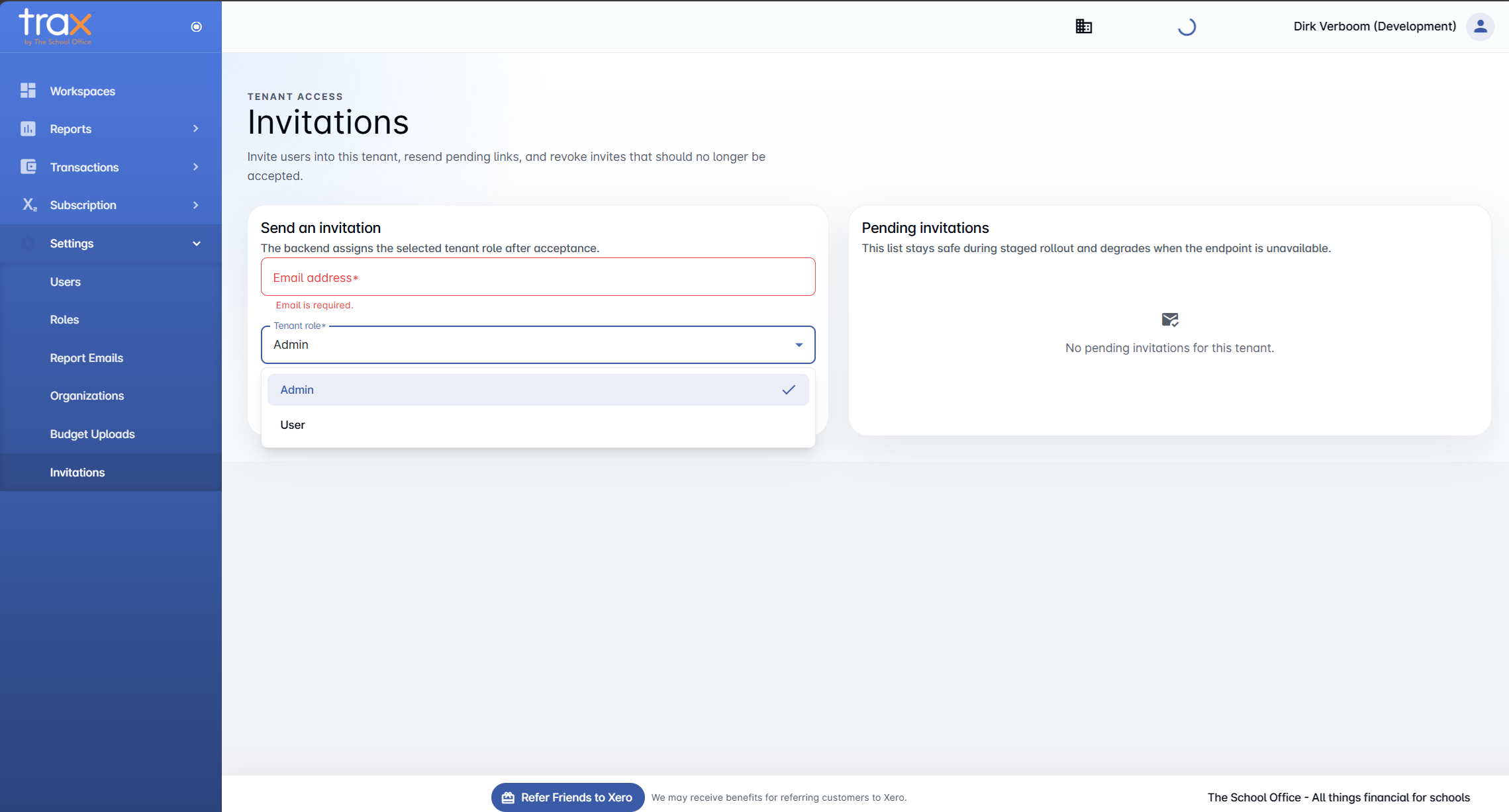 Tenant role dropdown showing Admin and User options