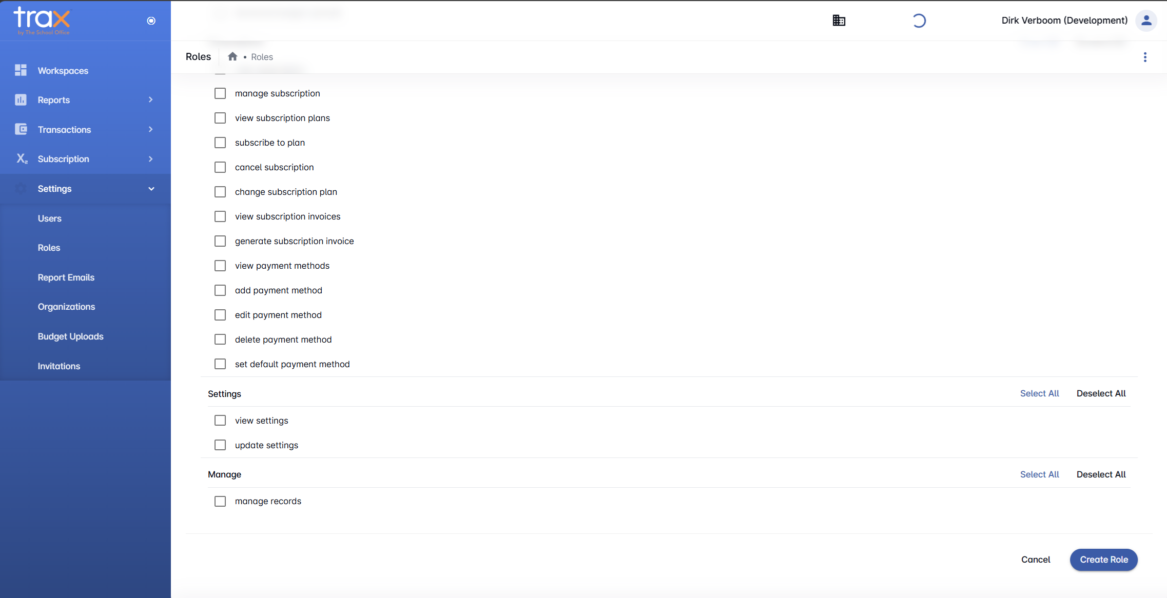 Role permissions detail showing Subscription Settings and Manage categories