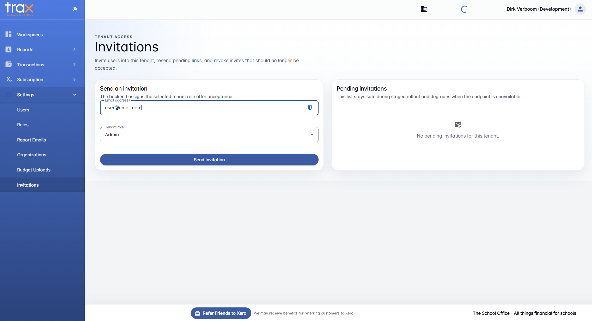 Invitation form with email filled in and Send Invitation button active